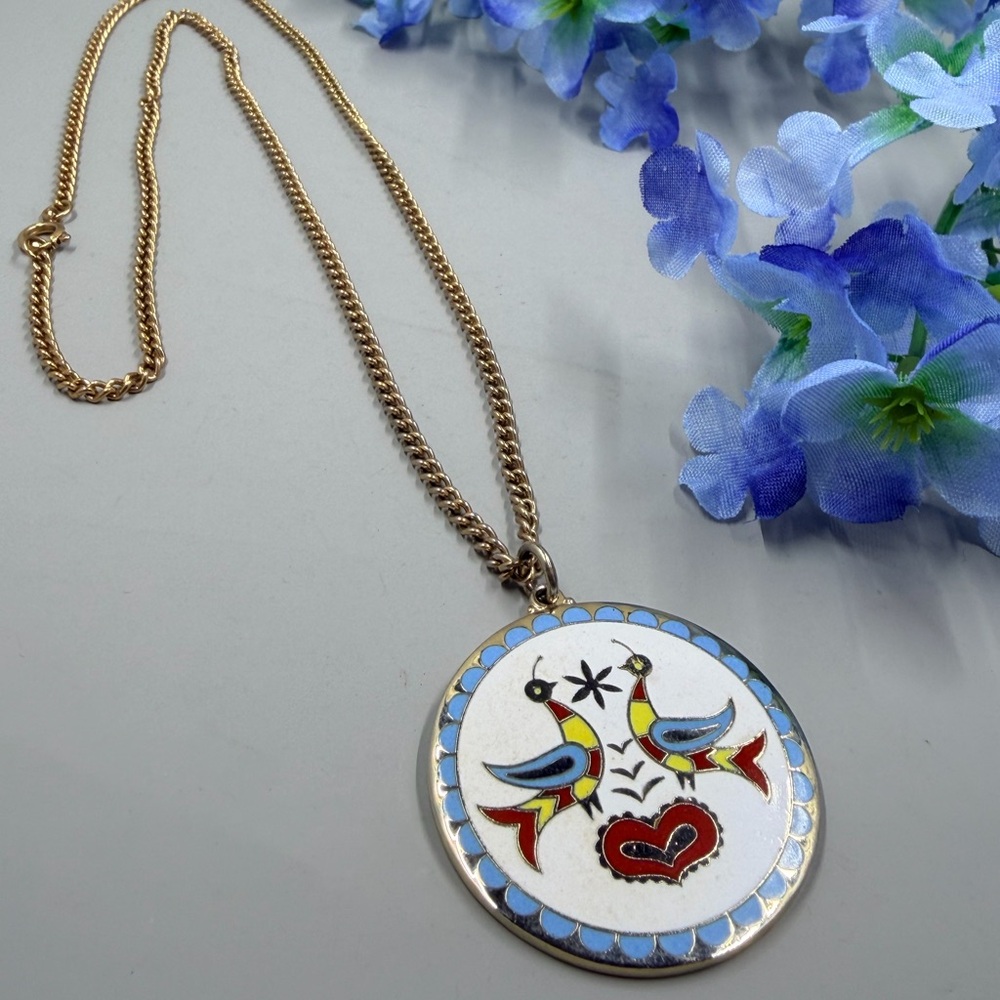 Cloisart Brand Vintage Cloisonné Gold Bird Design Pendant Necklace